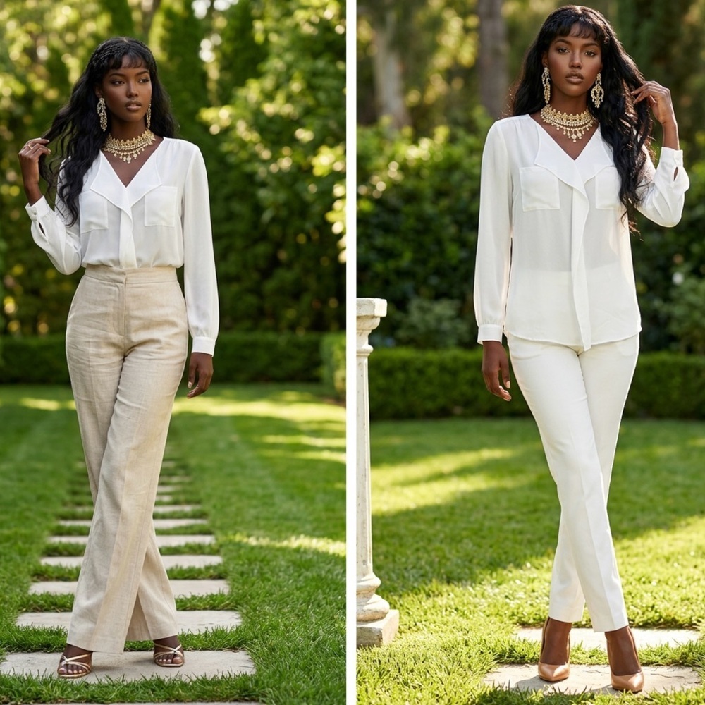 LN WHBM SZ XL creamy white sheer V-neck, lapeled blouse/bust 38”/19” flat